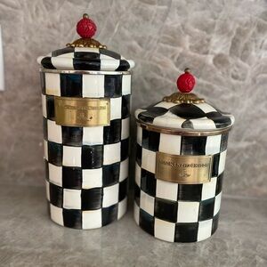 MacKenzie-Childs Black and White Checkered Canisters with Red Accents